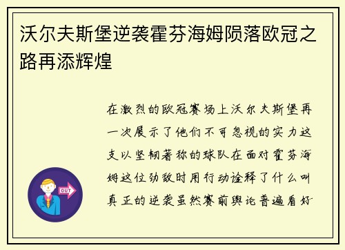 沃尔夫斯堡逆袭霍芬海姆陨落欧冠之路再添辉煌